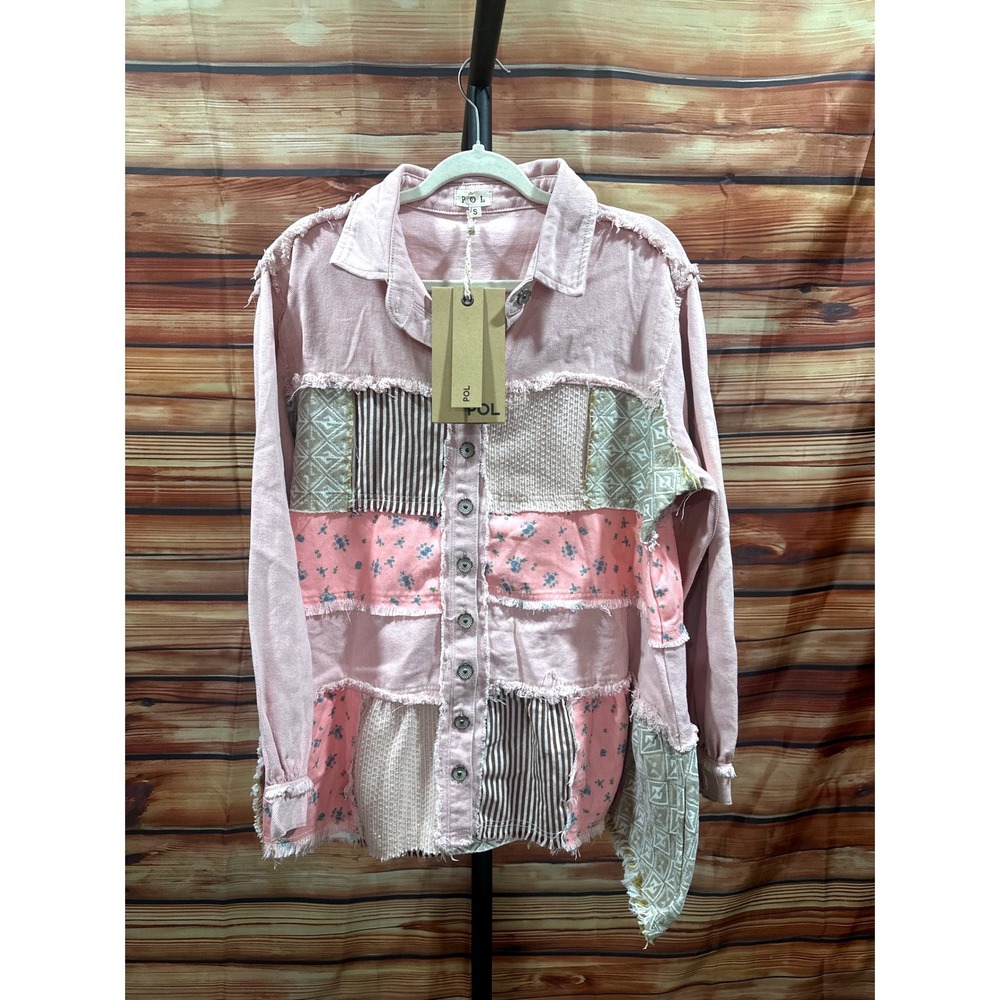 POL Pink Patchwork Denim Shirt Jacket Floral Striped Shacket YKT1274 Small